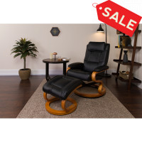 Flash Furniture Contemporary Black Leather Recliner and Ottoman with Swiveling Maple Wood Base BT-7615-BK-CURV-GG